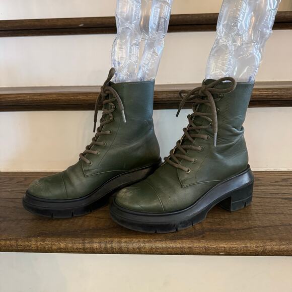 Stuart Weitzman Olive Green Leather Combat Boots Lug Sole Lace Up Platform 36 - Picture 3 of 6